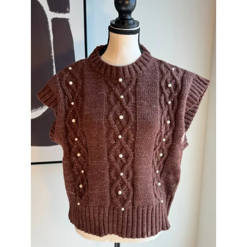 OntWelfth Metallic Knit Sleeveless Sweater Vest with Pearls – Brown Shimmer, XL - Picture 15 of 15